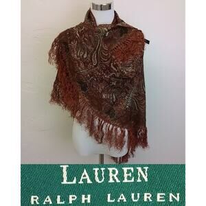 Ralph Lauren Wool Shawl Orange/Red Paisley Tassels Vintage 90s *J4122